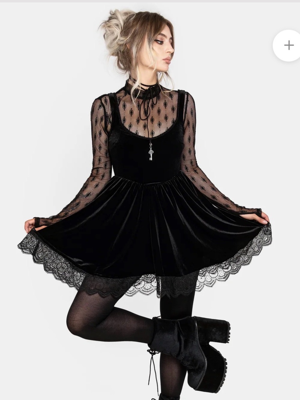 Disturbia Orbweb Lace Hem Velour Mini Dress - size 6